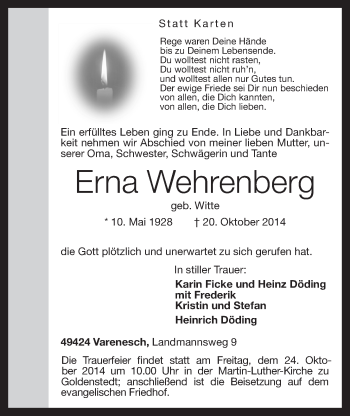 Anzeige von Erna Wehrenberg von OM-Medien